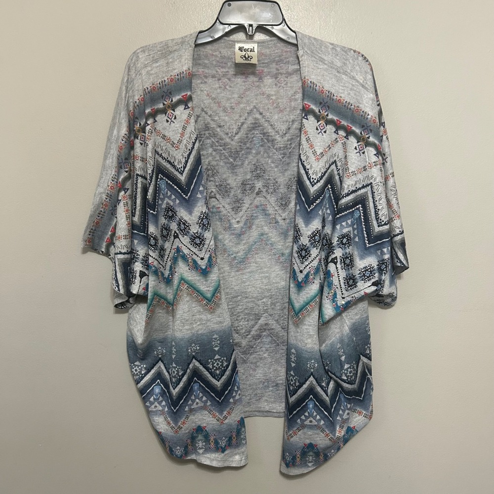 Vocal Women's Cardigan XL Grey Blue Chevron Southwestern Rhinestone Kimono Boho